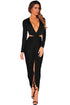 Black Cut Out Drape Slit Long Sleeve Maxi Dress